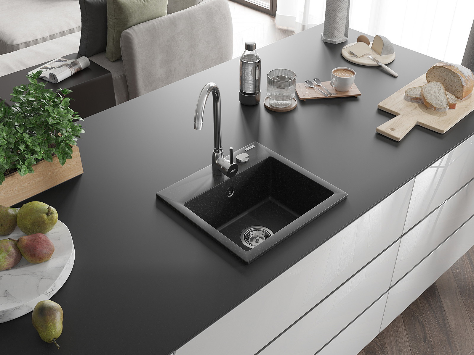Mexen Milo chiuvetă de bucătărie din granit cu 1 compartiment, 435 x 410 mm, negru/argintiu metalizat, sifon cromat